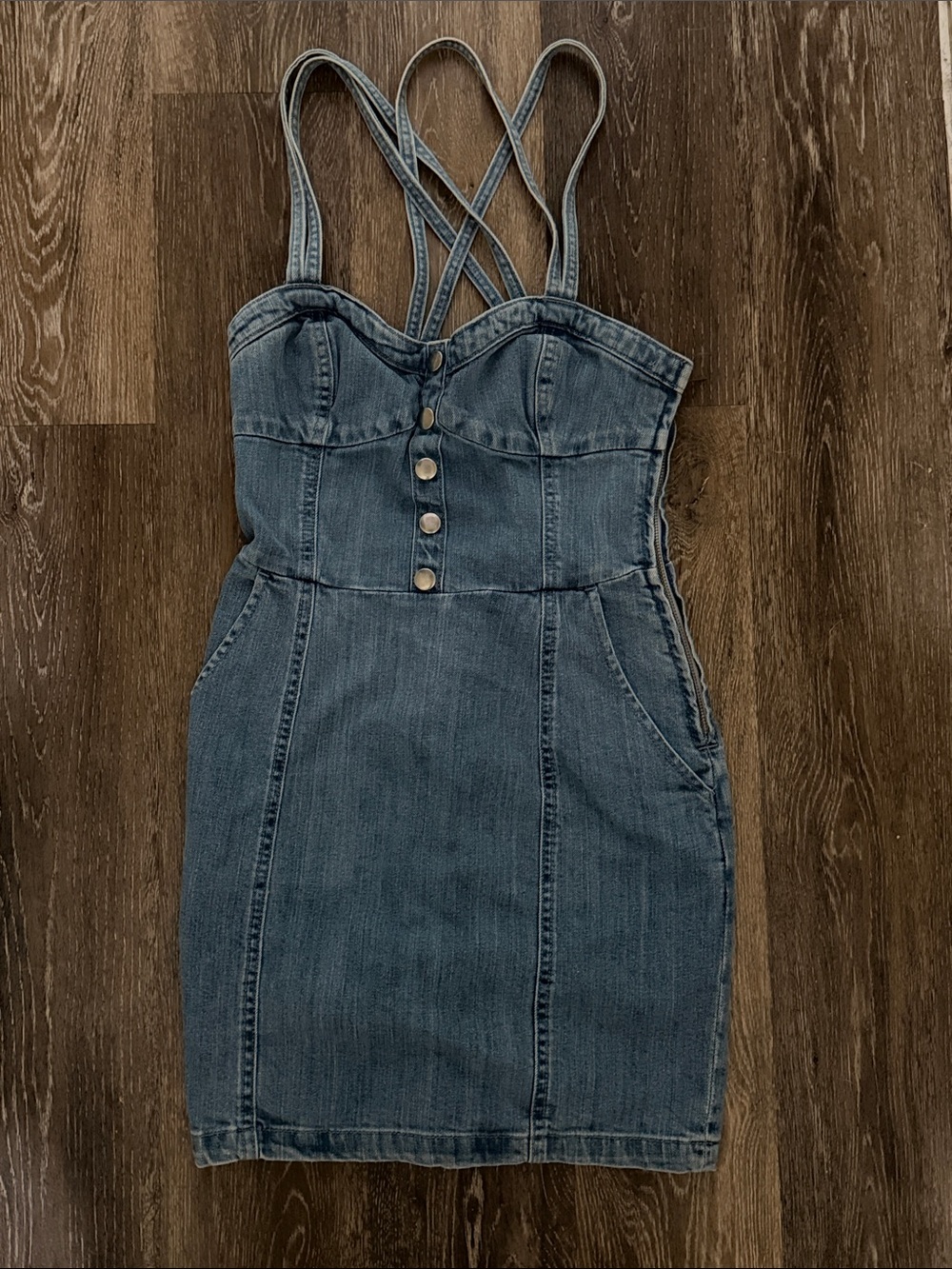 Divided Blue Denim Mini Dress with Crisscross Straps
